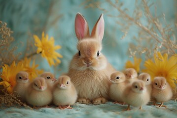 Bunny and Baby Chicks. An adorable photo of the Easter Bunny surrounded by fluffy baby chicks, symbolizing the renewal and rebirth of springtime