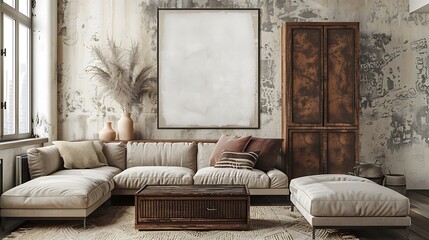 A mockup poster blank frame hanging on a salvaged cabinet, above a modern sectional, family room, Scandinavian style interior design
