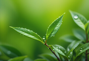 Close-up of young tea leaf shoots with water droplets on the lea - obrazy, fototapety, plakaty