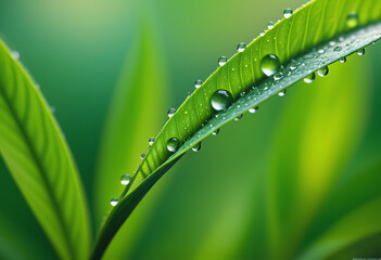Close-up of young tea leaf shoots with water droplets on the lea - obrazy, fototapety, plakaty