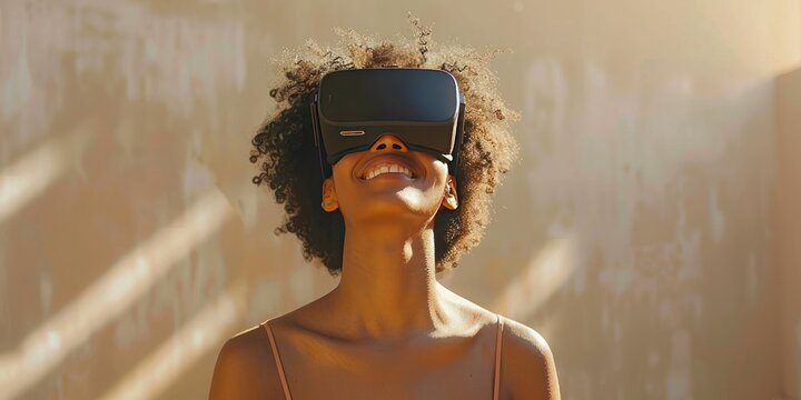 Young woman immersed in virtual reality experience wearing VR headset modern depiction of futuristic technology and networked entertainment showcasing joy and innovation of digital simulation