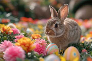 Fototapeta na wymiar Easter Egg Hunt. A playful Easter Bunny is captured hiding colorful eggs around a garden.