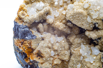 A raw cluster of pyrite, galena, limonite, calcite and sphalerite isolated on a white background...