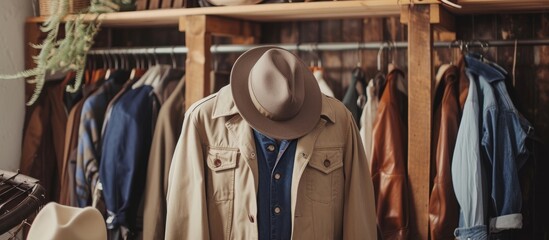 Classic Hat and Jacket Hanging on Rustic Wooden Coat Rack for Autumn Season Fashion Display
