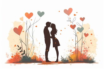 Romantic watercolor illustration: Couple in love in abstract style