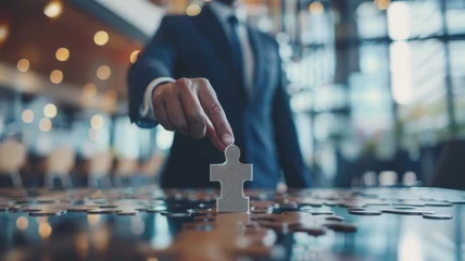 Fotobehang Dynamic Puzzle Completion - A businessman adds the final piece to a puzzle, metaphorically highlighting the achievement of completing a complex task. © Mickey