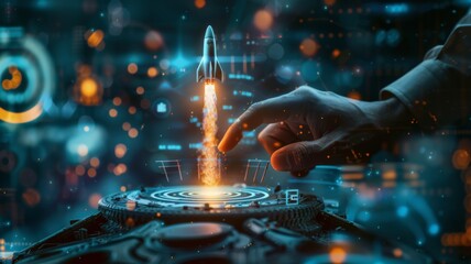 Startup Business  - A hand initiates a rocket launch in a networked digital environment, representing the start of a tech-driven mission. - obrazy, fototapety, plakaty