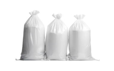 Three bags filled with white trash are seen sitting closely together, creating a stark visual contrast. on White or PNG Transparent Background.