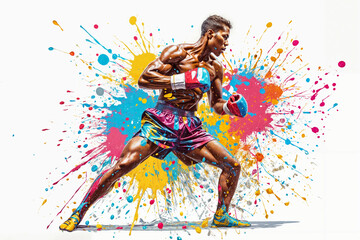 Boxer in action on a grunge background. Illustration of a boxer in action with colorful splash background. Portrait of an athletic male boxer with boxing gloves.
