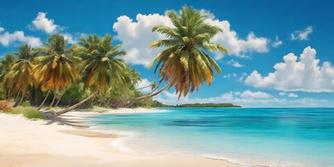 Sunny tropical Caribbean beach with palm trees and turquoise water,