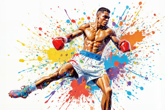 Boxer in action on a grunge background. Illustration of a boxer in action with colorful splash background. Portrait of an athletic male boxer with boxing gloves.
