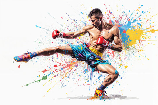 Boxer in action on a grunge background. Illustration of a boxer in action with colorful splash background. Portrait of an athletic male boxer with boxing gloves.
