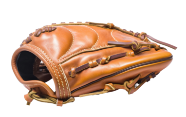 A close up photograph of a baseball glove with a brown leather interior, showcasing its design and craftsmanship. on White or PNG Transparent Background.