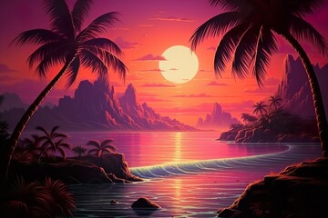 Silhouette of palm tree  Panorama of sunset of tropical coastline Purple sunset with clouds Violet sunset  