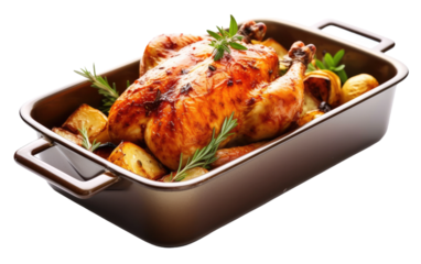 A roasting pan filled with chicken and potatoes as they cook in the oven. on White or PNG Transparent Background.