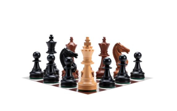 A set of chess pieces arranged on top of a chess board, displaying a strategic position. on White or PNG Transparent Background.