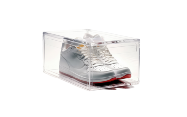 A photograph showcasing a pair of sneakers neatly displayed in a transparent box. on White or PNG Transparent Background.