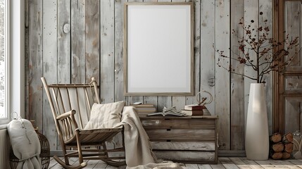 A mockup poster blank frame hanging on a rustic trunk, above a cozy rocking chair, nursery, Scandinavian style interior design