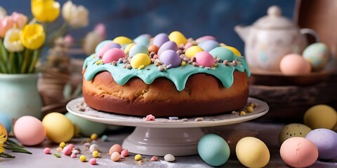 Easter cake garnished with sugar on a gray background.