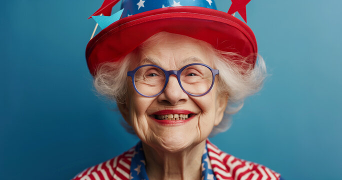 Eccentric patriotic grandma celebrating fourth of july, wearing independence day colors of red white and blue with stars and stripes