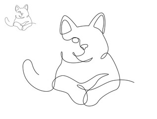 Continuous line drawing cat sitting and waiting. Front view single linear decorative design concept. Editable stroke vector illustration, Cat in one line for logo, Advertising.