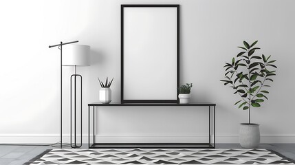 A mockup poster blank frame hanging on a minimalist console table, next to a geometric rug, with a...