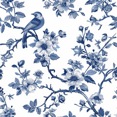 Vintage Botanical seamless pattern. Toile de Jouy pattern. Blue birds and flowers on a white background. Nature background. Wallpaper design.