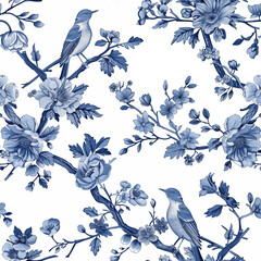 Vintage Botanical seamless pattern. Toile de Jouy pattern. Blue birds and flowers on a white background. Nature background. Wallpaper design.
