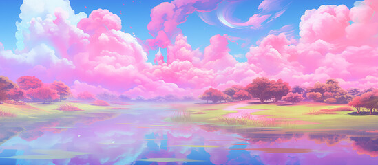 Fototapeta na wymiar holographic retro style of illustration colorful pastel view lanscape nature background