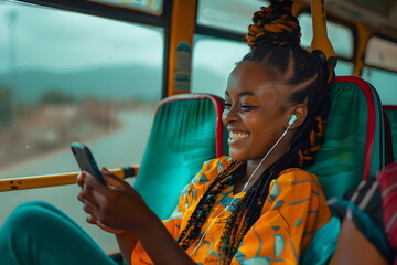 A young african girl sitting on the bus smiling at her phone - obrazy, fototapety, plakaty