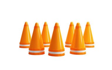 A collection of orange cones neatly arranged in a row, creating a visible barrier or marking a designated area. on White or PNG Transparent Background.