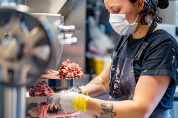 Woman in factory grinding and handling raw meat