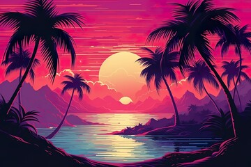 Fototapeta na wymiar Silhouette of palm tree Panorama of sunset of tropical coastline Purple sunset with clouds Violet sunset 