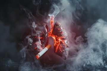 An illustration of a smokers lungs surrounded by smoke and cigarettes