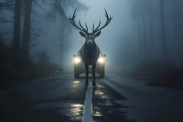 A stag standing in the middle of the road at night - obrazy, fototapety, plakaty