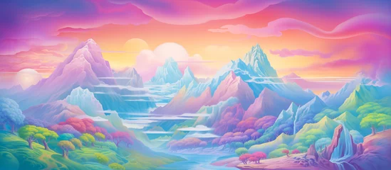 Foto op Canvas holographic retro style of illustration colorful pastel view lanscape nature background © Menganga