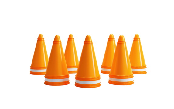 A collection of orange cones neatly arranged in a row, creating a visible barrier or marking a designated area. on White or PNG Transparent Background.