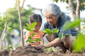 Fotobehang A chinese grandmother and granddaughter planting a tree © dobok