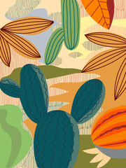 Aesthetic abstract floral, flowers and plants colorful hand drawn boho vector illustration background. Botanical design for banner, poster, cover, card, art print and decoration.