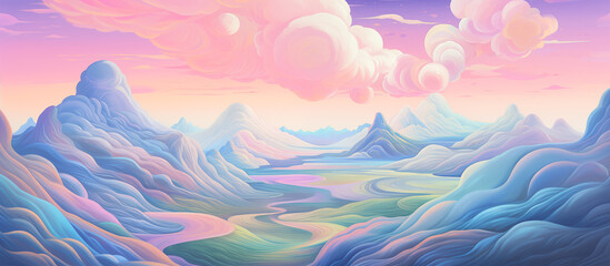 holographic retro style of illustration colorful pastel view lanscape nature background