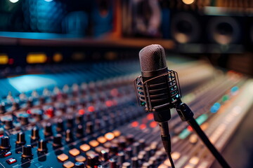 A microphone and a mixing console in a music studio