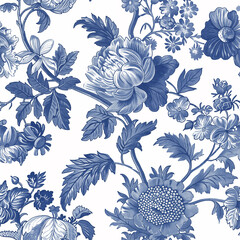 Vintage Botanical seamless pattern. Toile de Jouy pattern. Blue flowers on a white background. Nature background. Wallpaper design.