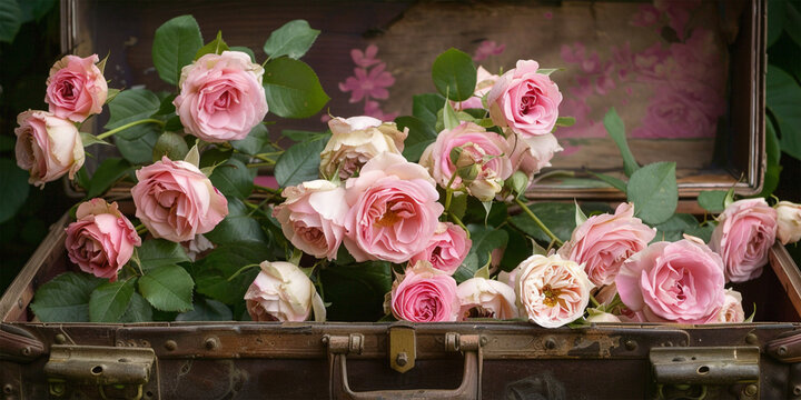 Beautiful pink roses in suitcase, closeup, ai technology
