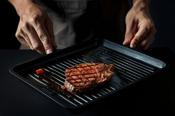 Cooking beef steak on grill pan by chef hands on black background for copy space text.