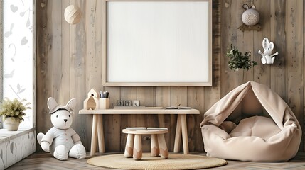 A mockup poster blank frame hanging on a vintage desk, above a cozy bean bag chair, playroom, Scandinavian style interior design