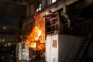 Worker manages molten metal pouring in industrial environment, steel production high-temperature furnace, sparks flying, metallurgy expert oversees smelting process, foundry scene protective gear.