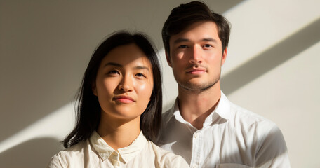 Young asian hapa couple standing together in sunlight, white button up shirts and background