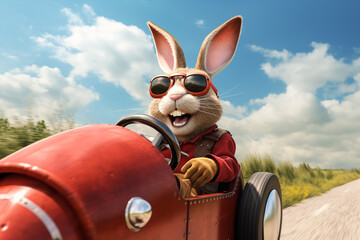 The happy easter bunny in sun glasses drives a race car in sunny day - 740715488