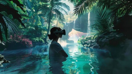 Virtual Reality Tropical Escape - Person Experiencing VR in Tropical Gardens Landscape