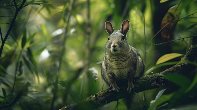 A vigilant viscacha calmly perched on a tree branch surrounded by the dense foliage of a serene forest.
